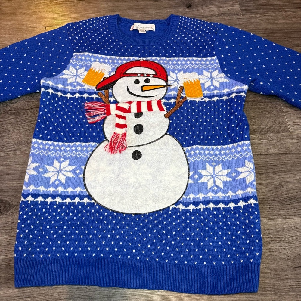Jolly Sweaters Christmas sweater - Blue Snowman cheering with beers size Medium